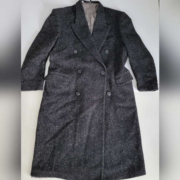 FALCONE Vintage Mens Black with White Speckles Long Double Breasted Overcoat